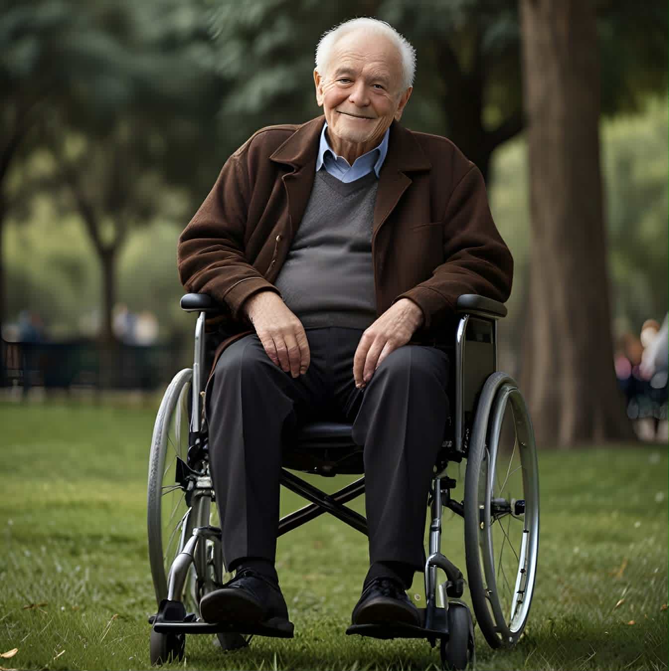 Older person outdoors smiling in wheelchair